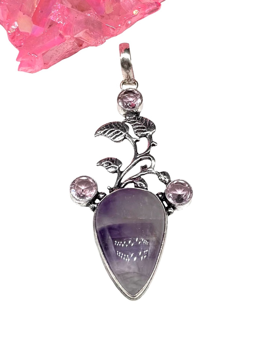 Amethyst & Pink Kunzite Necklace Pendant 925 Sterling Silver Overlay